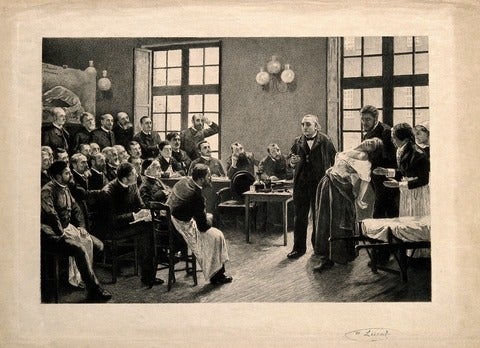 Depiction of historical science lecture