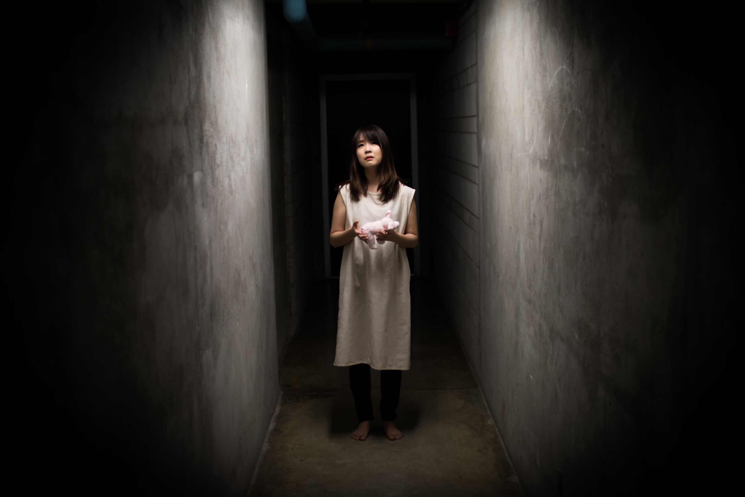 Girl standing in dark hallway with small stuffed pink pig