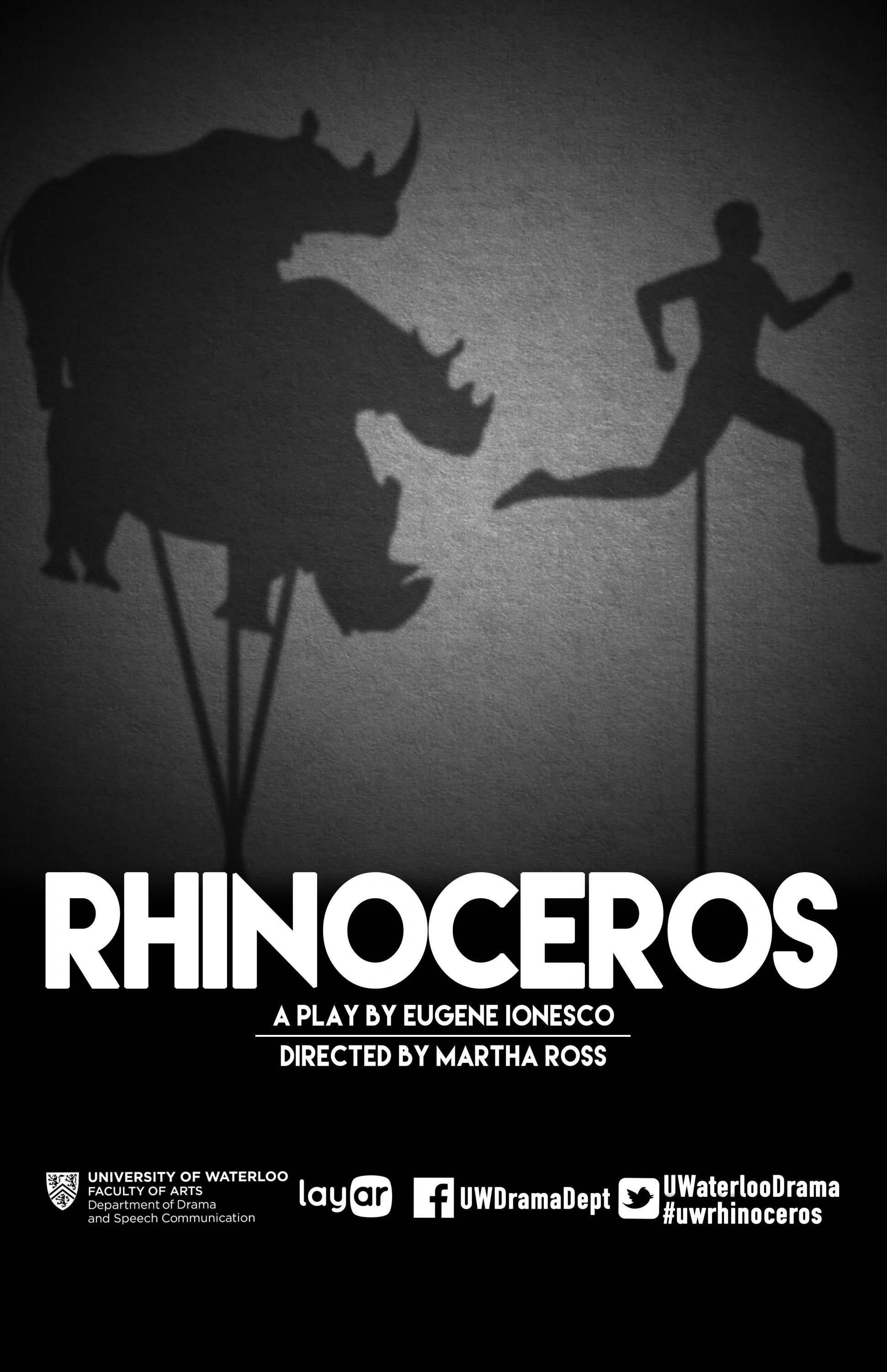 black & white poster of shadow puppets rhinos chasing a man