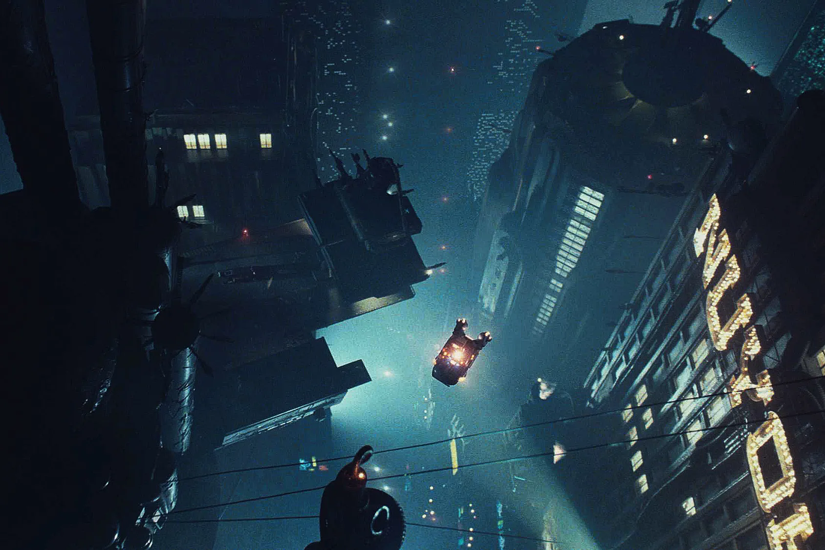 A futuristic cityscape at night with towering buildings, neon lights, and a flying car