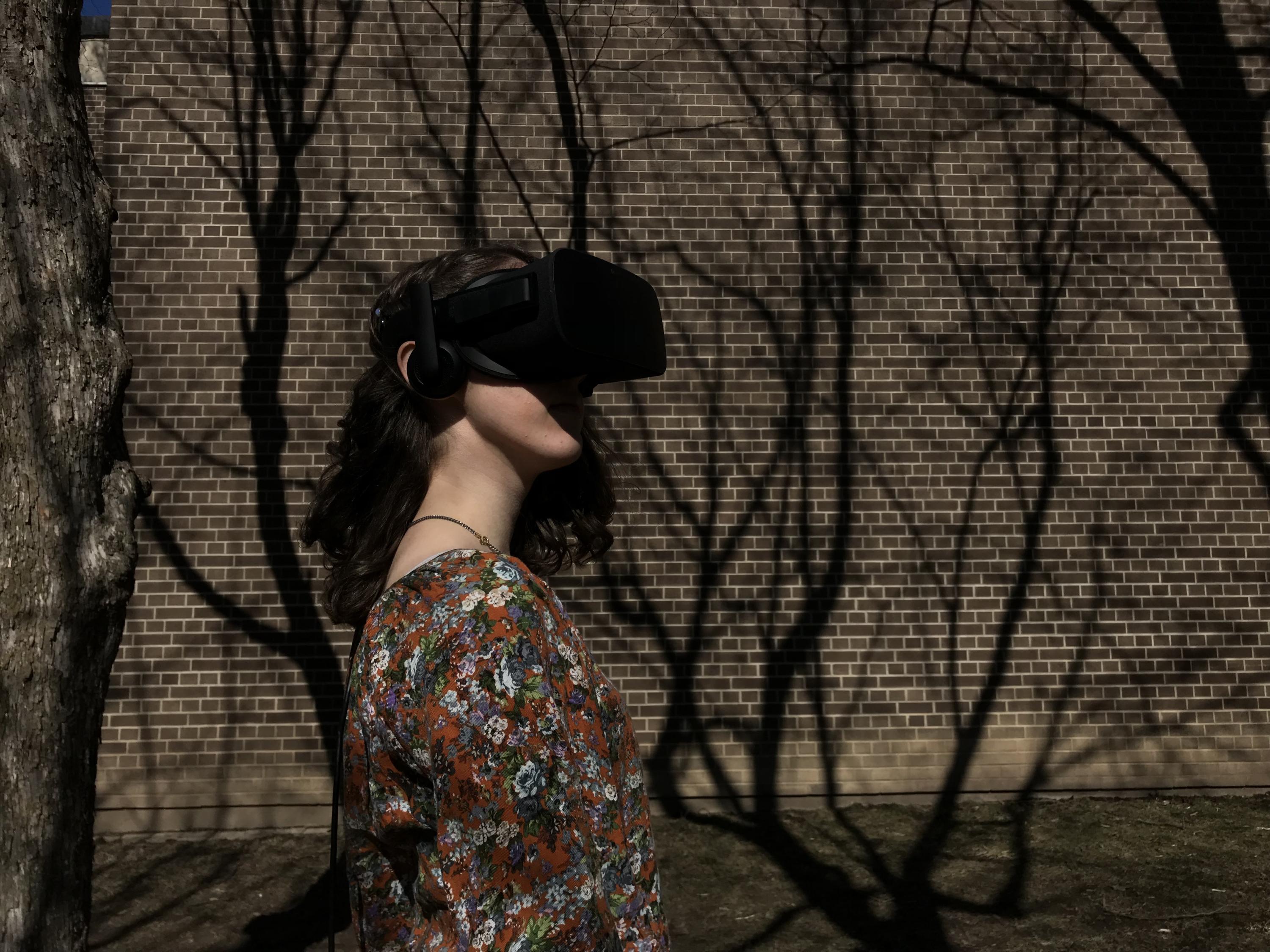 Jessica Bertrand wearing VR goggles