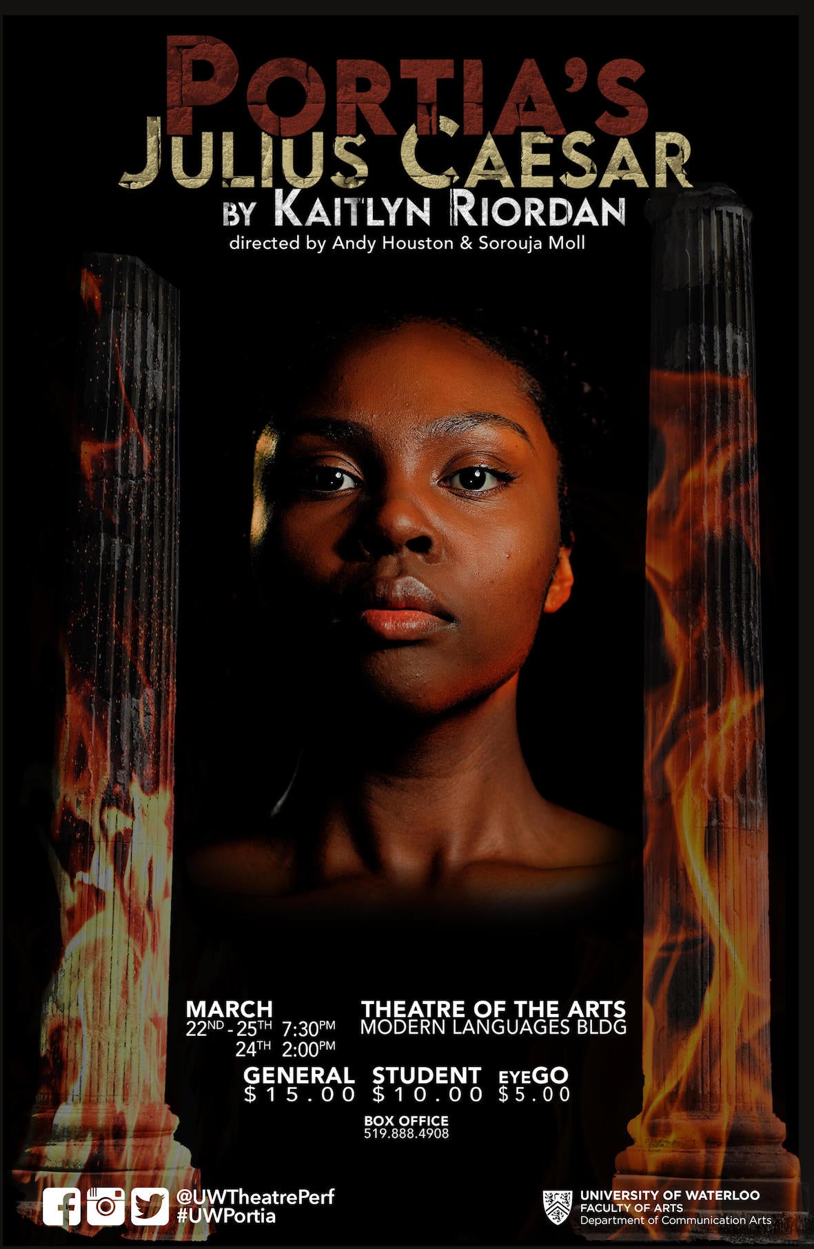 Poster for production, a Black woman with hair up, looks out from centre of poster