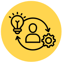 light bulb icon with pointer to tool icon with pointer to light bulb and person icon in centre