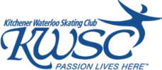the logo for the Kitchener-Waterloo Skating Club featuring a blue stylized figure skater above the club name written in blue text