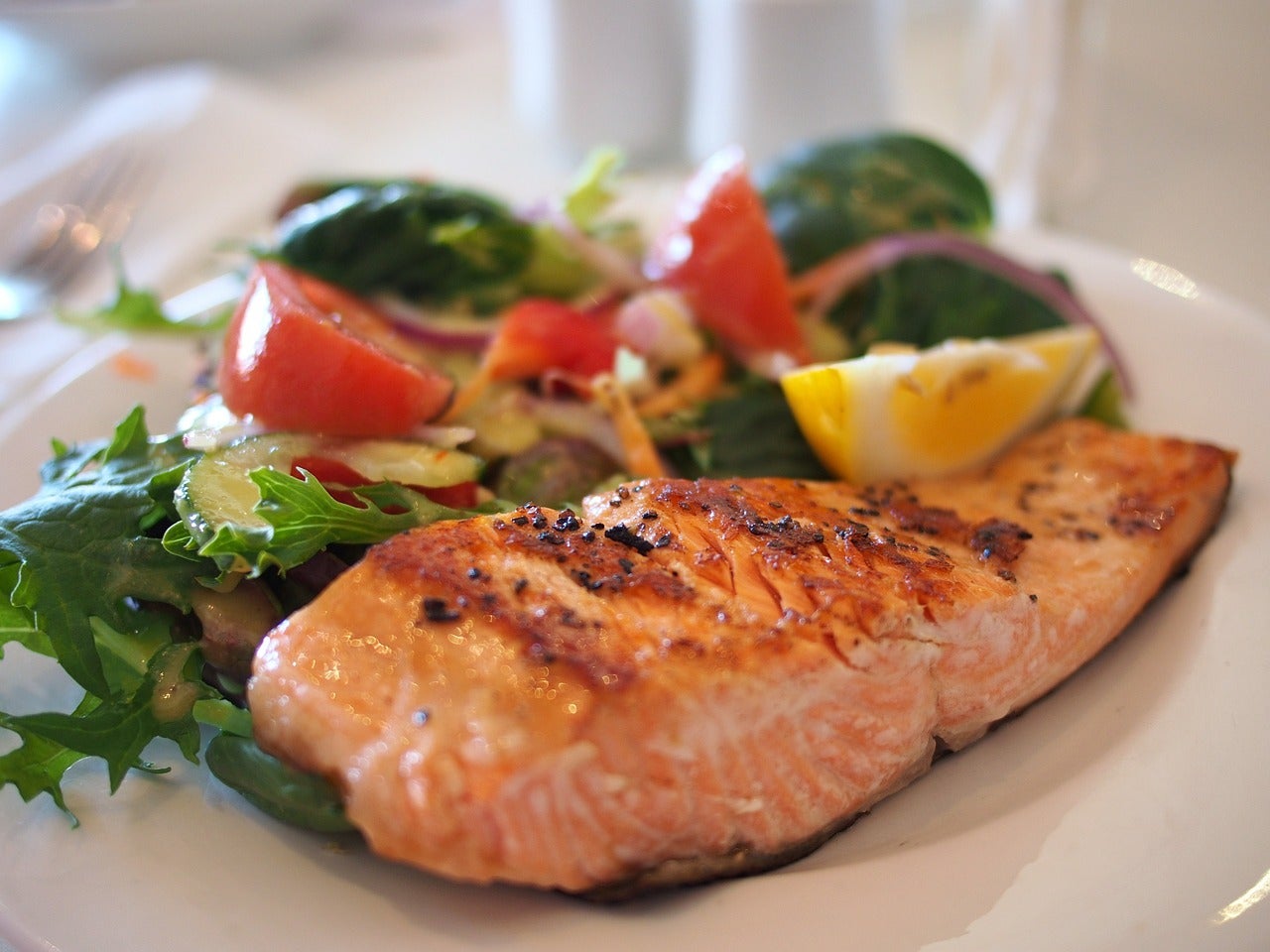 meal on a plate, salmon and salad
