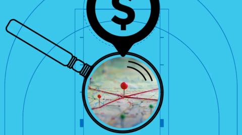 Magnifying glass over a map with pinned locations and a dollar sign