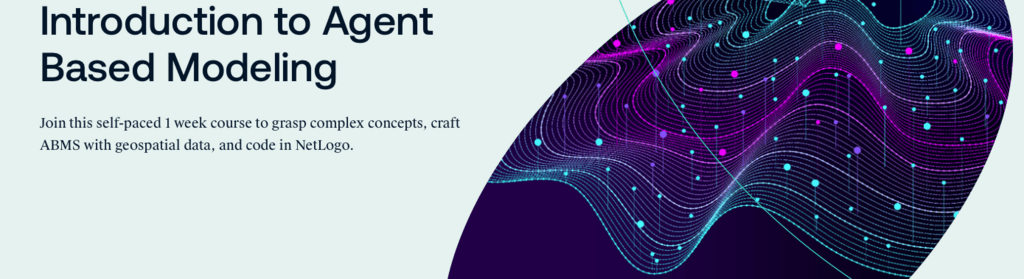 Blue and purple swirls, dots and lines in a dark blue oval to represent agent based models