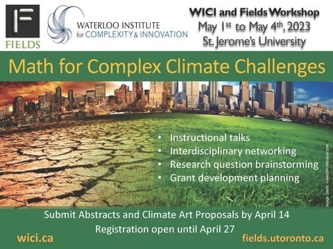 Poster for WICI Fields Workshop shows an image of city affected by climate change and general event details