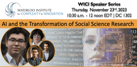 Speaker and panelist faces on a poster background featuring an image of a robotic woman and computer coding screen