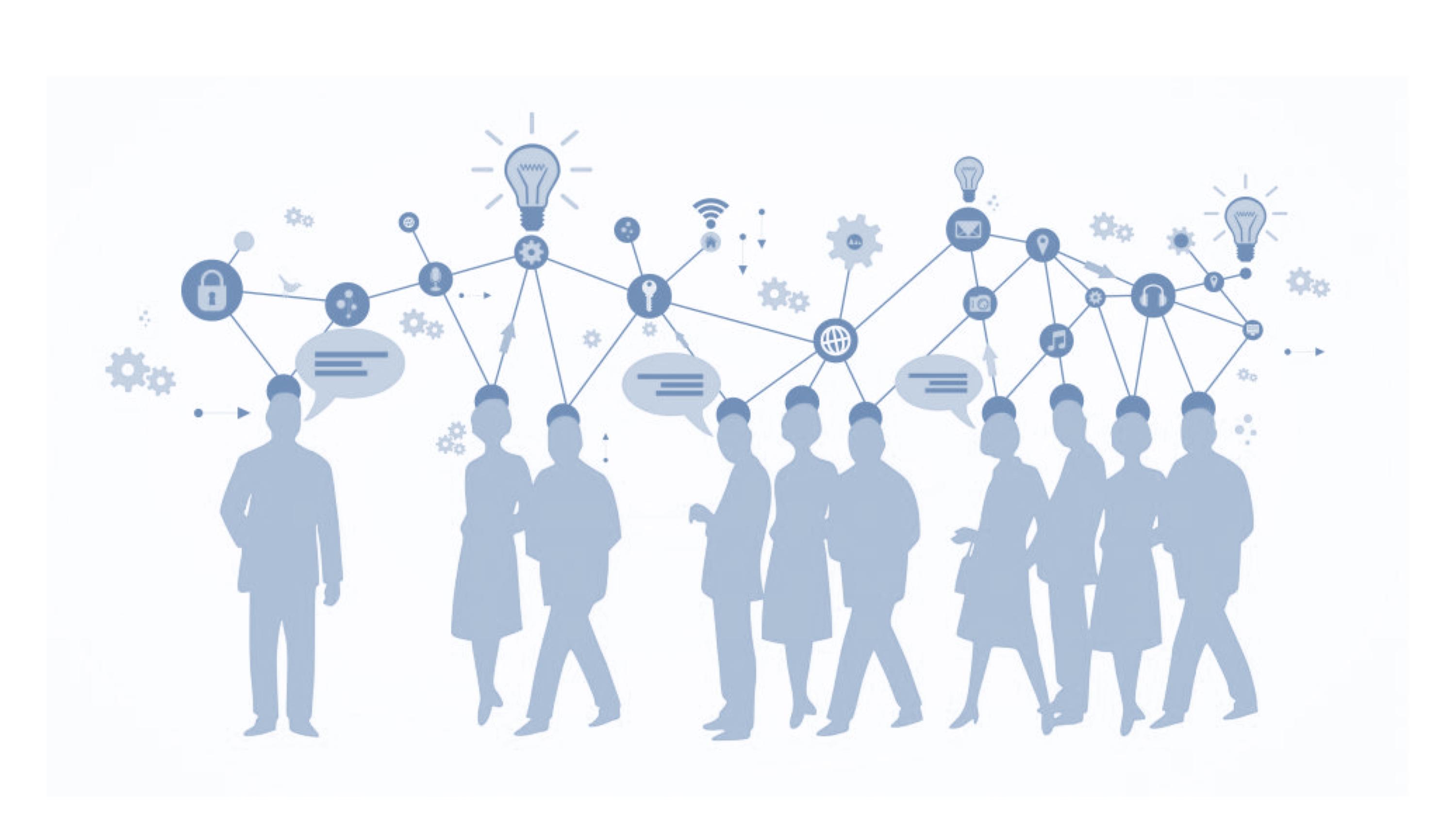 silhouettes of people networking - blue and white