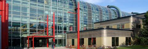 Davis Centre Building, showing the East entrance off Ring Road. Go inside, turn right, and head towards the North end of the building.