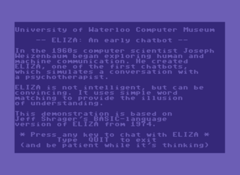 ELIZA program opening screen in BASIC.