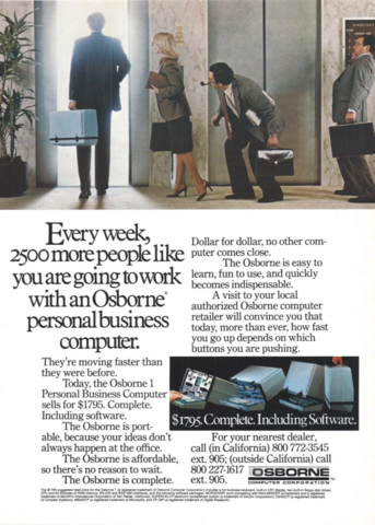 People with briefcases watch a man walk into an elevator carrying an Osborne 1