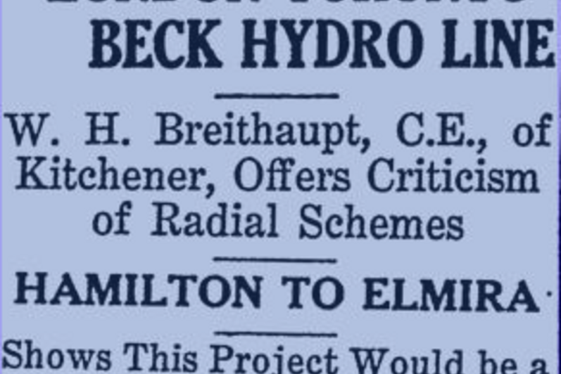 News heading from the Financial Post on December 13, 1919 stating William was criticizing the London to Toronto Hydro Line