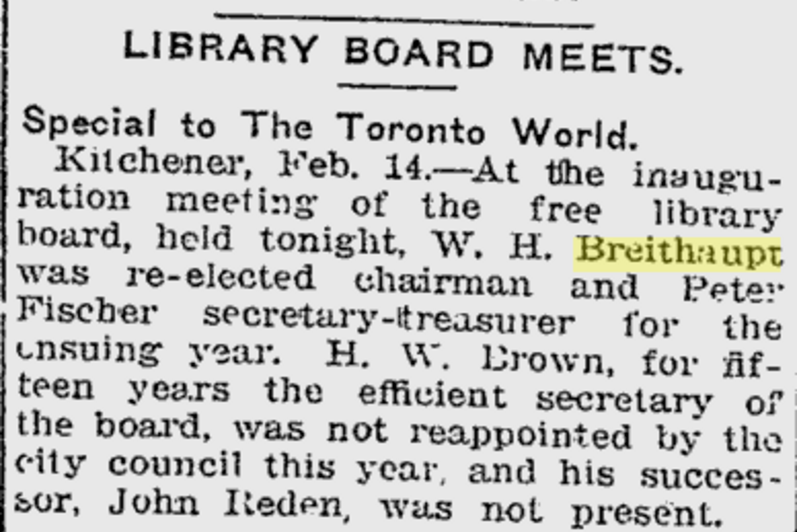 News article from the Toronto World on February 15, 1917 where William Breithaupt is re-elected chairman