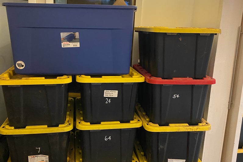 Storage totes in office in San Francisco
