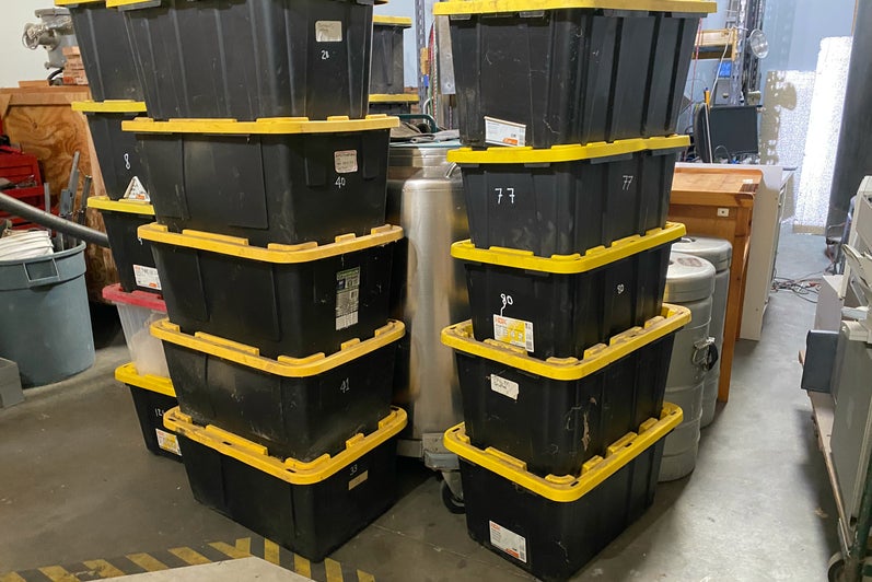 Storage totes in office in San Francisco