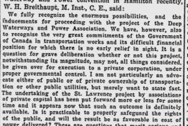 News article from the Financial Post on November 11, 1921 with a quote from Breithaupt