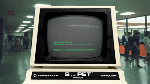 Commodore SuperPET with text promoting the computer museum YouTube channel