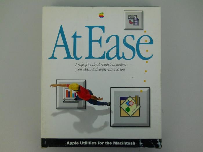 A white box with "At Ease" in turquoise, "A safe, friendly desktop that makes your Macintosh even easier to use." written underneath the title.