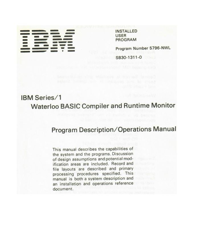 IBM Series/1 Waterloo BASIC Compiler and Runtime Monitor Program Description/Operations Manual