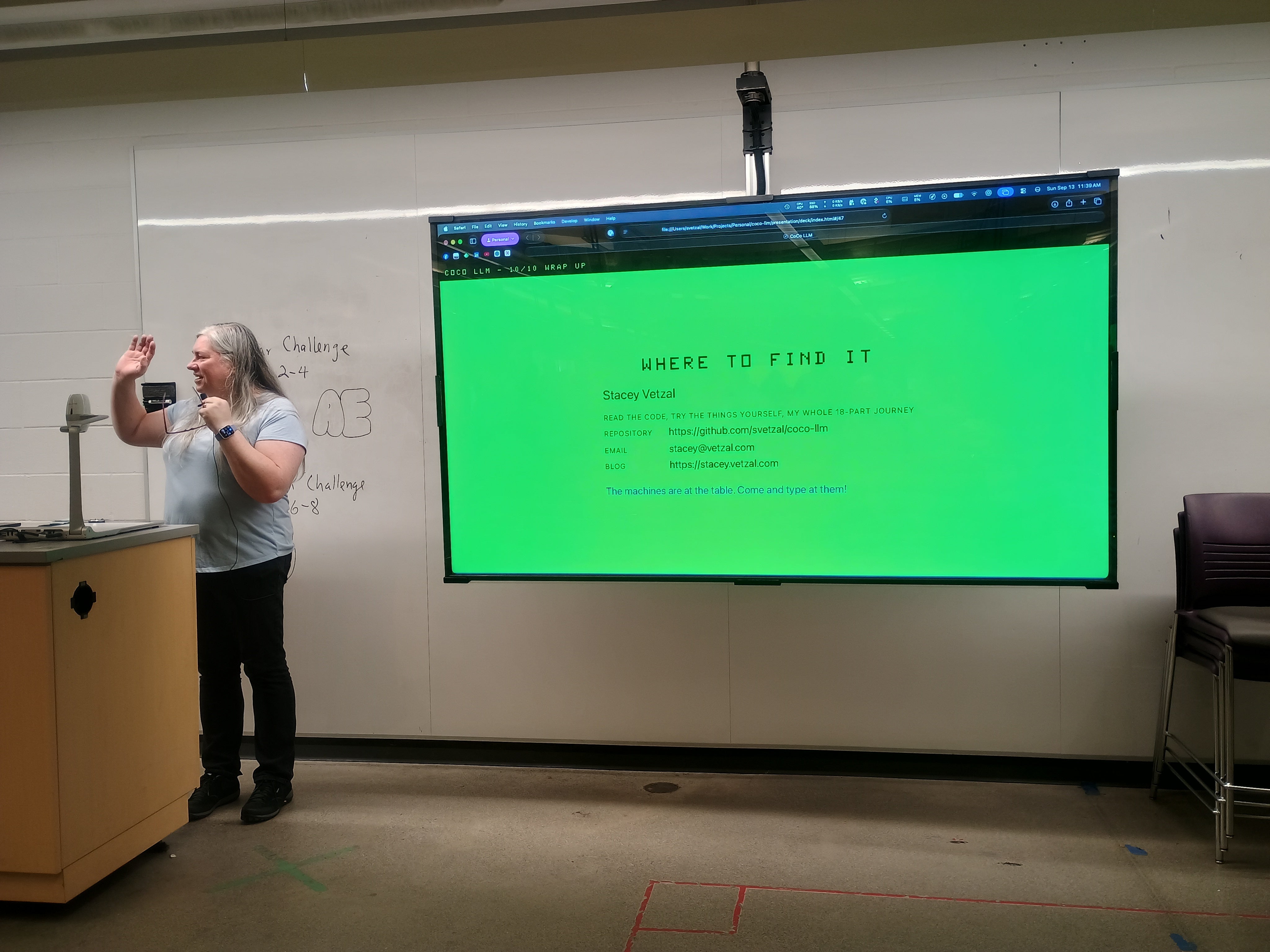 Stacey Vetzal giving a talk about her project: CoCo-LLM.