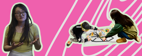 A graphic with a pink background with white abstract topography lines. On the left is a transparent headshot of Bella while the right is a diagram of her technology, AttentionGo