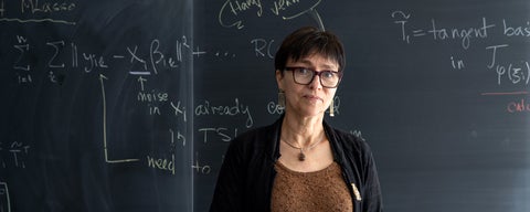 Professor Marina Meila in front of a blackboard