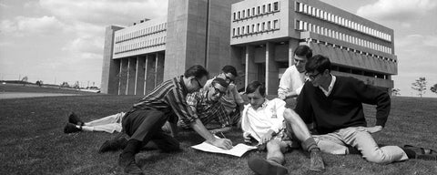 students study together in front of the newly completed Math and Computer Building in 1968