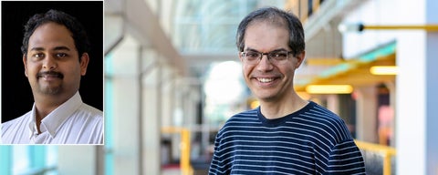 Pascal Poupoart donning a dark blue shirt with light blue stripes posing in front of a yellow railing. Corner is a inset of his collaborator, Sriram Subramanian