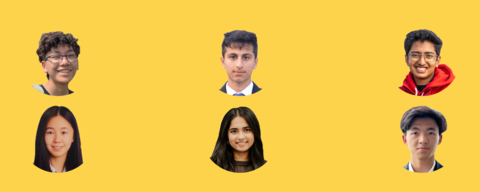 yellow background, with 6 circular icons (each scholarship winner)