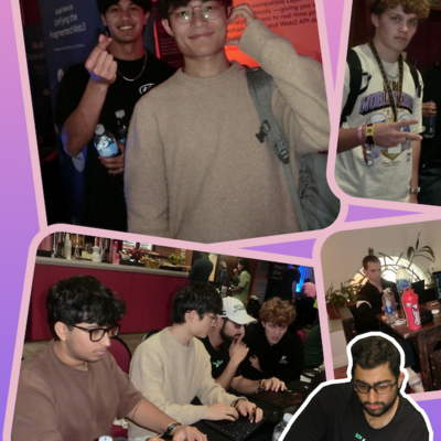 pink background with cut-out images of the blockchain members posing with heart signs, meeting with blockchain experts and working on their prototypes