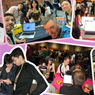 pink background with cut-out images of the blockchain members posing with heart signs, meeting with blockchain experts and working on their prototypes