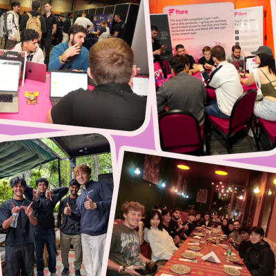 pink background with cut-out images of the blockchain members posing with heart signs, meeting with blockchain experts and working on their prototypes