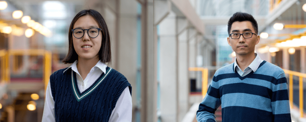 composite photo of Jiawen (left: an Asian woman wearing a long sleeve white dress shirt with a v-neck navy blue sweater vest that has a green border on the neckline) and Professor Jian Zhao (right; Asian male wearing light blue and dark blue striped sweater)