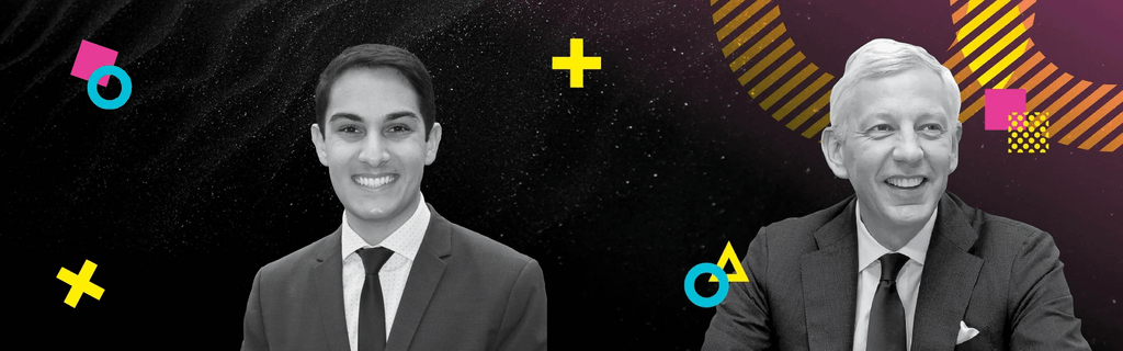 Black background with various shapes (circles, squares) in blue or purple. Black and white icon of Dominic Barton and Jason Amri