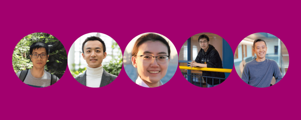 5 circular icons with the researchers' headshots aganist a magneta background