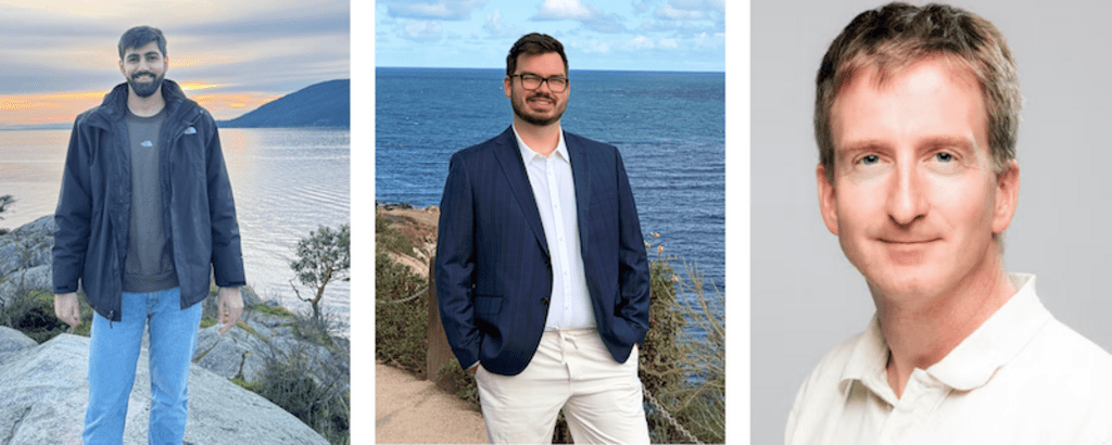 3 headshots of the researchers. Left is a South Asian man posing in front of a body of water and mountain. Middle is a caucasian man wearing a blue blazer and white shirt standing in front of a body water. Right: A headshot of a Caucasian man wearing a white collared shirt 
