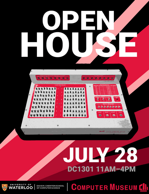 A event poster with a black, red,pink stripes. The text says OPEN HOUSE with the event date, location and time. In the middle is an old-school computer