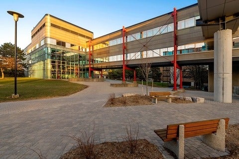 photo of the Davis Centre bathed in light from a sunset