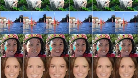 A grid of images featuring various outdoor scenes, including a person lounging on grass, boats with red sails on water, and individuals wearing hats. The faces are blurred for privacy.