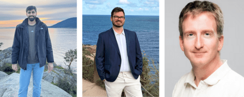 3 headshots of the researchers. Left is a South Asian man posing in front of a body of water and mountain. Middle is a caucasian man wearing a blue blazer and white shirt standing in front of a body water. Right: A headshot of a Caucasian man wearing a white collared shirt 