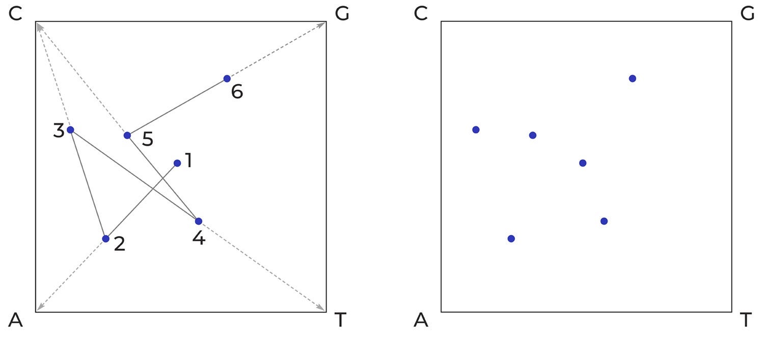 example showing how a CGR is plotted for a short DNA sequence