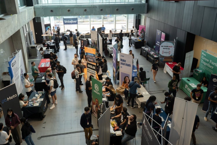 image of students in Engineering 7 lobby