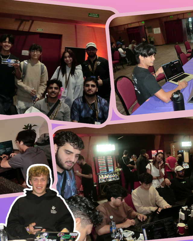 pink background with cut-out images of the blockchain members posing with heart signs, meeting with blockchain experts and working on their prototypes