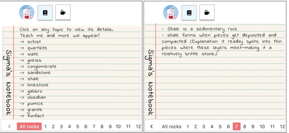 image depicting Sigma’s Notebook showing a list of rocks taught and a page of notes on a type of rock 