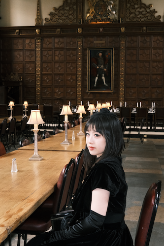 A person in a black velvet dress and gloves sits at a long wooden table in a historic dining hall with decorative wall panels and lamps. A large painting hangs on the wall behind them.
