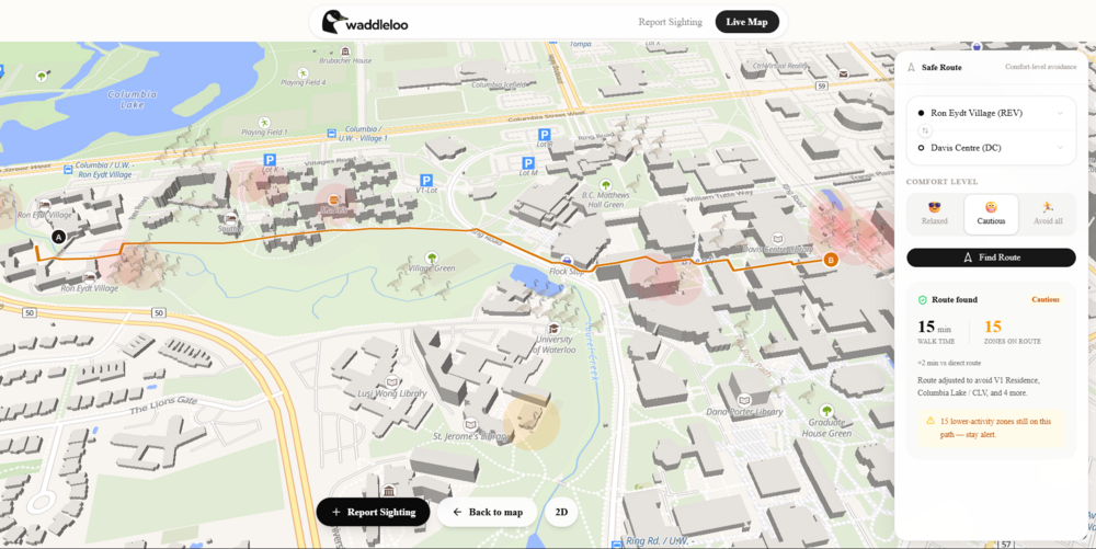 A screen capture of Waddleloo's map feature and "safe route" tool. Right now, it plots a route between two sites on the University of Waterloo: Ron Eydt Village (a university residence) and Davis Centre