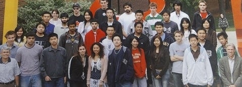 Forty four students and two professors posing for a group photo in the arts quad at UWaterloo