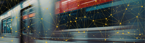 blurred train moving with overlay of technology hexagons